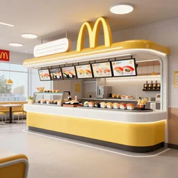 a photorealistic hyperrealistic render of a futuristic mcdonald store serving sushi, interior scene by greg rutkowski, wlop, artgerm, dramatic lighting, strong shadows, volumetric, cinematic atmosphere, octane render, artstation, 8 k