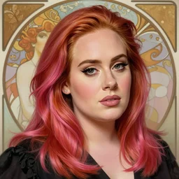 beautiful adele with shoulder length red and pink hair, path traced, highly detailed, high quality, digital painting, alena aenami, lilia alvarado, shinji aramaki, karol bak, alphonse mucha, tom bagshaw