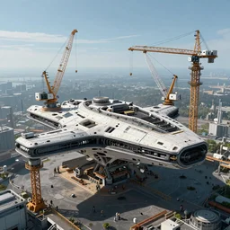 futuristic spaceship being constructed on earth using a variety of cranes, industrial, bulky, sci fi, nasapunk, photorealistic, concept art