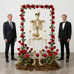 roses growing from the skeleton frame, by damien hirst and alexander mcqueen and peter gric, trending on artstation