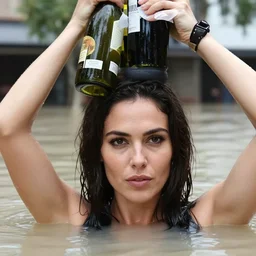 closeup portrait of a woman carrying bottles of wine over her head in a flood in Rundle Mall in Adelaide in South Australia, photograph, natural light, sharp, detailed face, magazine, press, photo, Steve McCurry, David Lazar, Canon, Nikon, focus