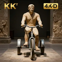 photo of the ancient statue of biker on the tricycle, symmetrical, cinematic, real dlsr photography, sharp focus, 4 k, ultra hd, sense of awe, archeology journal cover