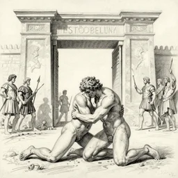 achilles fighting hector before the large gate of troy, pencil sketch by mœbius,