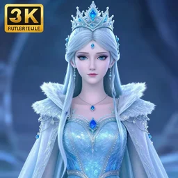 beautiful ice queen with ornate cloak and crown, highly detailed, 4k, HDR, sharp focus, hyper realistic,