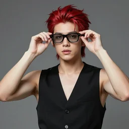 photorealistic young man with red spiked long hair, using googles. Wearing black waistcoat, white shirt. throwing fire blast from his hands. rockstar. dynamic lightning. rpg portrait