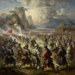 8 k art photography shot art shot, hyperrealistic, hyperdetailed, super detailed, uhd, uhd, 8 k, high resolution, large samurai battle, painting by ross tran and ivan aivazovsky