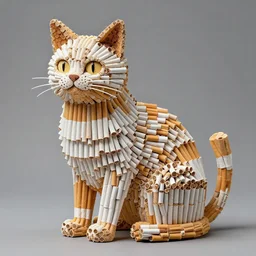 a sculpture or artwork of a cat made entirely from cigarettes