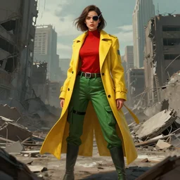 character desingn beautiful woman cybersoldier wearing a monocle, red top, green cargo pants, long tailored yellow coat in a ruined city by artgerm, jparked, tyler edlin, artstation, intricated, detailed, octane rendered, cinematic lighting, greg rutkowski