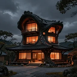 epic exterior photo of a futuristic organic japanese house, generative design structure, dramatic lighting, black and orange colour palette, long shot, archviz