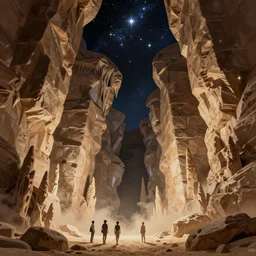 polygonal deep cavern in the sahara with giant stone walls and ceilings showing the stars and stalactites, light dust, magnificent, close up, details, sharp focus, elegant, highly detailed, illustration, by Jordan Grimmer and greg rutkowski and PiNe(パイネ) and 薯子Imoko and 香川悠作 and wlop and maya takamura, intricate, beautiful, Trending artstation, pixiv, digital Art