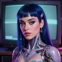 katy perry as a humanoid alien cyborg, by wlop, digital art, portrait, closeup, neon, crt