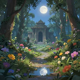 An enchanted forest, colorful flowers, pathway, reflection, moonlight, fantasy scene, clear sky, illustration, depth of field, temple ruins, soft light, high definition, detailed, 8k, Artstation, fantasy art