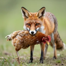 fox with a dead chicken in its mouth, nature photography
