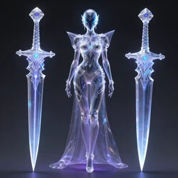 a full body character design by artgerm, greg rutkowski and alphonse mucha. sci - fi dagger. laser and bluish violet translucent plastic tape project show attctive showgirl!! sci - fi helmet!! sharp edges. ultra clear detailed. contour light effect!! 8 k. ultra detailed, elegant, intricate, octane render.
