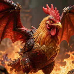 a closeup photorealistic photograph of a chicken dragon from hell. elden rings boss. professional capture, well lit shot. fire and flames. trending on artstation, featured on behance, well - rendered, extra crisp, features intricate detail, epic composition and the style of unreal engine.