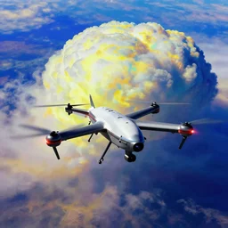combat drone strike war footage, ir, chromatic aberration, broken camera colors, iridescent saturated infrared camera, very high contrast, nuclear cloud, high angle vertical