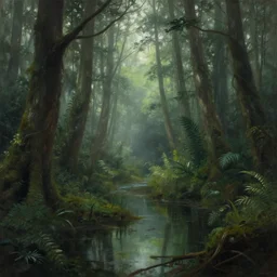 a beautiful sci - fi illustration ， lush mysterious forest ， swampy ， fog ， trending on artstation ， highly detailed matte painting ， john singer sargent