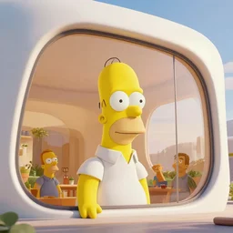 homer simpson, by tim blandin and arthur haas and bruce pennington and john schoenherr, big windows architecture by zaha hadid, octane render, warm colour scheme, white, cinematic, scenery, cgsociety, modernism, futuristic, trending on artstation, sci - fi, high detail, high quality, close up angle