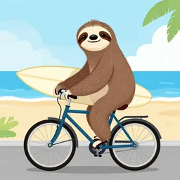 hipster drawing of a sloth riding a bike and holding a surfboard, going to the beach