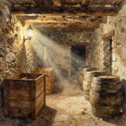 watercolor painting of rustic wine cellar, ruins, wooden crates and barrels, stone walls, lantern, very beautiful ambient lighting, sun rays, dust, art by anders zorn, wonderful masterpiece by greg rutkowski, cinematic light, american romanticism by greg manchess, creation by tyler edlin