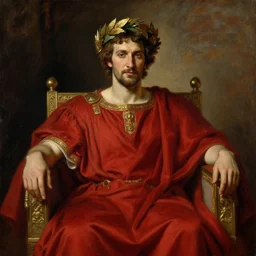 beautiful portrait oil painting, steve buscemi wearing a golden wreath in royal crimson robes enthroned as the god emperor of ancient rome, mid - shot, by anders zorn, wonderful masterpiece by greg rutkowski, beautiful cinematic light, american romanticism, by thomas lawrence, greg rutkowski
