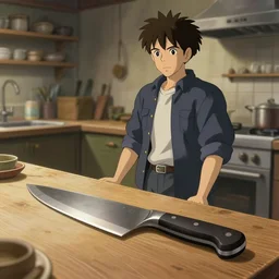 hardmesh, butcher knife on the kitchen table, fantasy digital art, high detail, octane render, anime, museum, by greg rutkovski, miyazaki