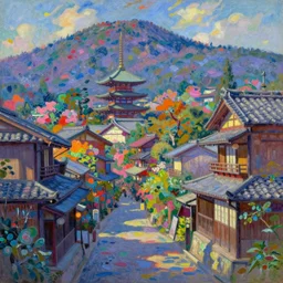 a beautiful japanese city in the mountain, amazing ryokans and gorgeous edo era houses, fantastic non human character, epic cyberpunk, lofi vibe, colorful, vivide colors, amazing light, really beautiful nature, by jeremy lipkin, by claude monet, by makoto shinkai, kandinsky touches, inspired by ghibli, masterpiece, beautiful, multiple brush strokes, impressionist style