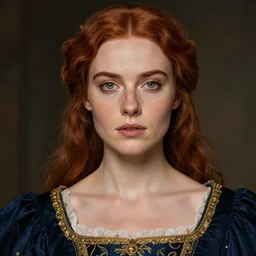 portrait of a woman with green eyes and freckles, dressed in a navy blue gown with gold embroidered details, auburn hair, detailed face, fantasy, highly detailed, cinematic lighting, digital art painting by greg rutkowski