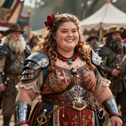 detailed ultrarealistic photography front medium shot of dnd fantasy festival ethnic robust chubby merry girl warrior leyendecker, norman rockwell, greg rutkowski, jim henson artstation cinematic, vray game of thrones, lord of the rings