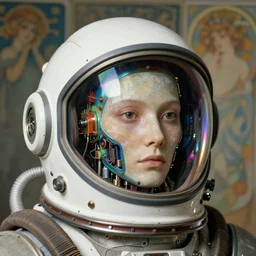 portrait of a biomechanical head inside a futuristic space helmet, vintage transistors, white metal, iridescent visor,  distant memories, art by Ruan Jia and artgerm and Alphonse Mucha,