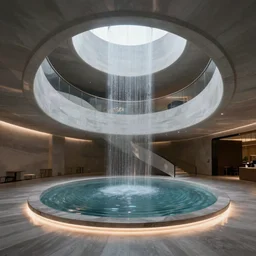 detailed stunning curvilinear museum interior with water centered sculpture piece and led strips