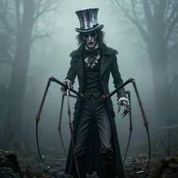 daddy longlegs, a lanky seven ft tall creepy man wearing victorian era clothes and a sequin, iridescent silver top hat, atmospheric, foggy, gothic horro hammer film style