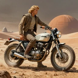 moebius and ralph mcquarrie style, vintage classic motorcycle scrambler, technical drawing, star wars dune, the incal