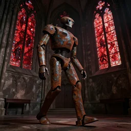 Different angle from the left of a rusted android walking across a dimly lit gothic cathedral with red stained glass windows, cinematic, concept art, detailed, dark