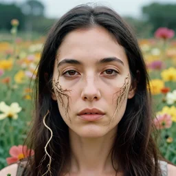 closeup portrait of a woman with twisting roots growing out of her face, standing in a field of beautiful flowers, by Annie Leibovitz and Steve McCurry, natural light, detailed face, CANON Eos C300, ƒ1.8, 35mm, 8K, medium-format print