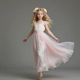 a beautiful young girl, full body floating long hyperdetailed dress in pale pink and white, pale, turquoise eyes, curly blond, angel face, pointed ears, roses in her hair, realistic, fairy look, cinematic, trending on art station