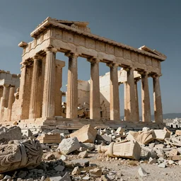 mid air ancient greek buildings, pillars and pieces of statues falling