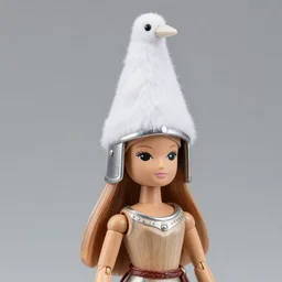 realistic photo of a a medieval wooden barbie girl doll sculpture dressed white furry bird cone hat helmet made of plastic, sitting on a rock, black brushwood, greyscale grain 1 9 6 0, life magazine photo, natural colors, metropolitan museum, kodak