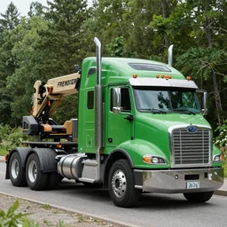 Photo realistic forest green 1989 Freightliner cabover semi with a dragline crane on a flatbed trailer