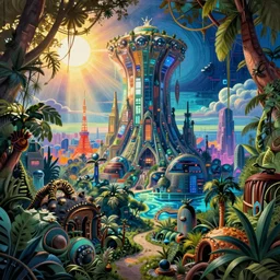 urbex by david hockney, vice city galactic junglepunk matte painting futuristic atlantis reclaimed by nature sunlight infrared universe synthwave nightvision tokyo darkacademia thermal imaging sea nightsky made of glass fantasy at dawn azeroth thermal vision wilderness, archdaily, wallpaper, highly detailed, trending on artstation.