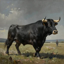 The story of a lone man facing down a rampaging black bull, dslr photo rendered in oil on canvas and unreal engine, surrealism and photorealism