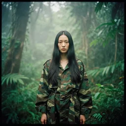 a female model with long black hair, emerging from a dense misty jungle wearing camouflage by yohji yamamoto, in the style of daido moriyama, 3 5 mm film, camera obscura, double exposure