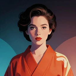 sherilyn fenn 2 6 years old, retro futurism, half portrait by stanley artgerm, dramatic lighting, ilya kuvshinov, trending on artstation, flat colour, geometric curves, gradient filter, pleasing tone colours, wearing kimono