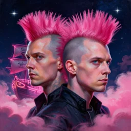 beautiful clear faces by tom bagshaw, portrait big dark punk, arcteryx, pink, mohawk, space, hyperdetailed illustration, stars, neon, oil painting, rich deep colors masterpiece, ultra detailed, contrast, heaven pink, clouds, volumetric light, atmospheric lighting, pirate neon ship, cinematic, moody, octane render 4 k, 8 k