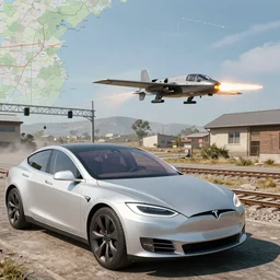 a tesla model s plaid shoot by a gunship in battlefield 4 on golmud railway map
