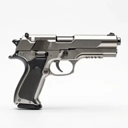 silver sci-fi blaster pistol, high detail macro photography, isolated on a pure white background, centered, entire object in frame, sharp focus, soft studio lighting