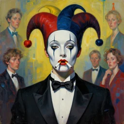half figure portrait of a morphed harlequin faced woman, five cigarettes in mouth, wearing a tuxedo, art by james jean and luc tuymans and vincent lefevre and hernan bas and pat steir and hilma af klint, digital paint, glitch, psychological, dripping paint, generative art, 8 k high quality render, altermodern, masterpiece