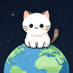 A cartoon illustration of a fuzzy picky face kitten sitting on the top of planet earth, digital art, in the style of Hayao Miyazak