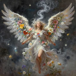 a colorful and provenance illustration painting of a angel with her hugeflowers wings spread out gracefully ， detailed, highly detailed, dramatic lighting, hair made of hair made of air wind and curling smoke, mist, dust, genie, flowers, flower, stars, spirit fantasy concept art ， art by charlie bowater and aenami, trending on artstation.