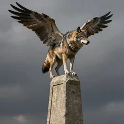a winged wolf with the beak of a crow perched on top of a stone obelisk, medium shot, photorealistic, art by Ralph Horsley and James Gurney